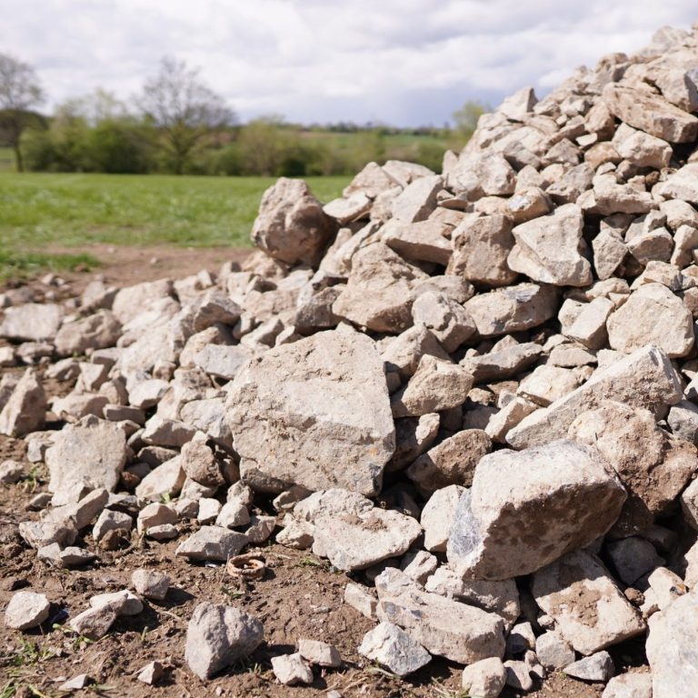 Tas de pierres propres récoltées par la Husarya, illustrant la réussite de l'assainissement d'une parcelle.