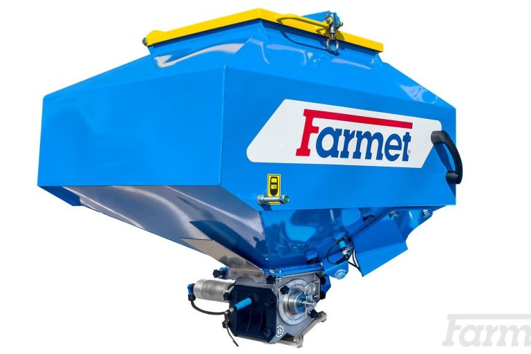 Trémie bleue Farmet pour une distribution pneumatique simple et efficace des petites graines.