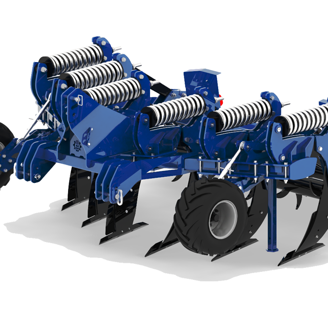 Décompacteur bleu Landstal équipé de dents Michel pour fissurer le sol sans retournement.