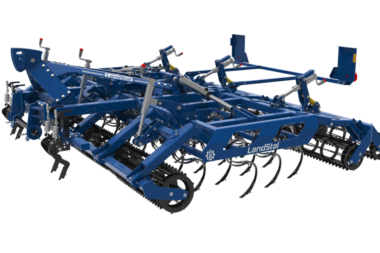 Préparateur de lit de semence bleu Landstal avec rouleaux et dents vibrantes pour sécuriser le semis.