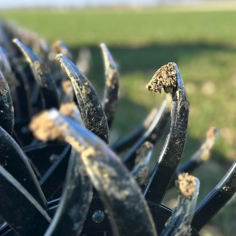 Gros plan sur les pointes profilées en cuillère de la GST Biostar pénétrant le sol, le secret de son efficacité agronomique.