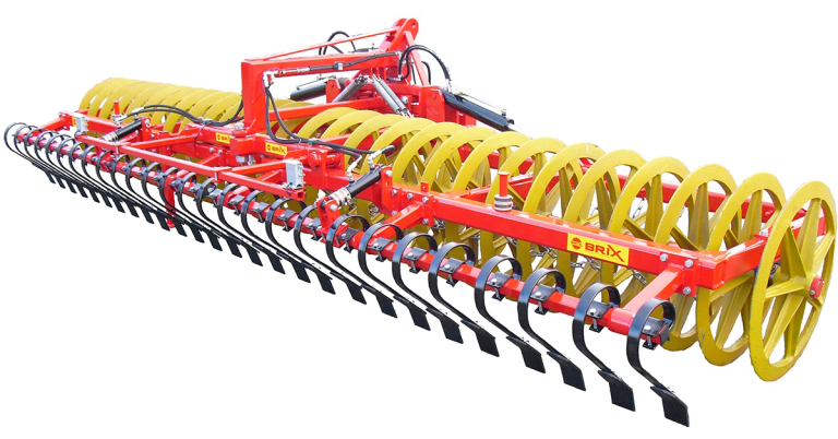 Outil de relevage frontal Brix type Twinn avec rouleaux jaunes, optimisant l'émiettage et le rappuyage avec un suivi de terrain autodirectio